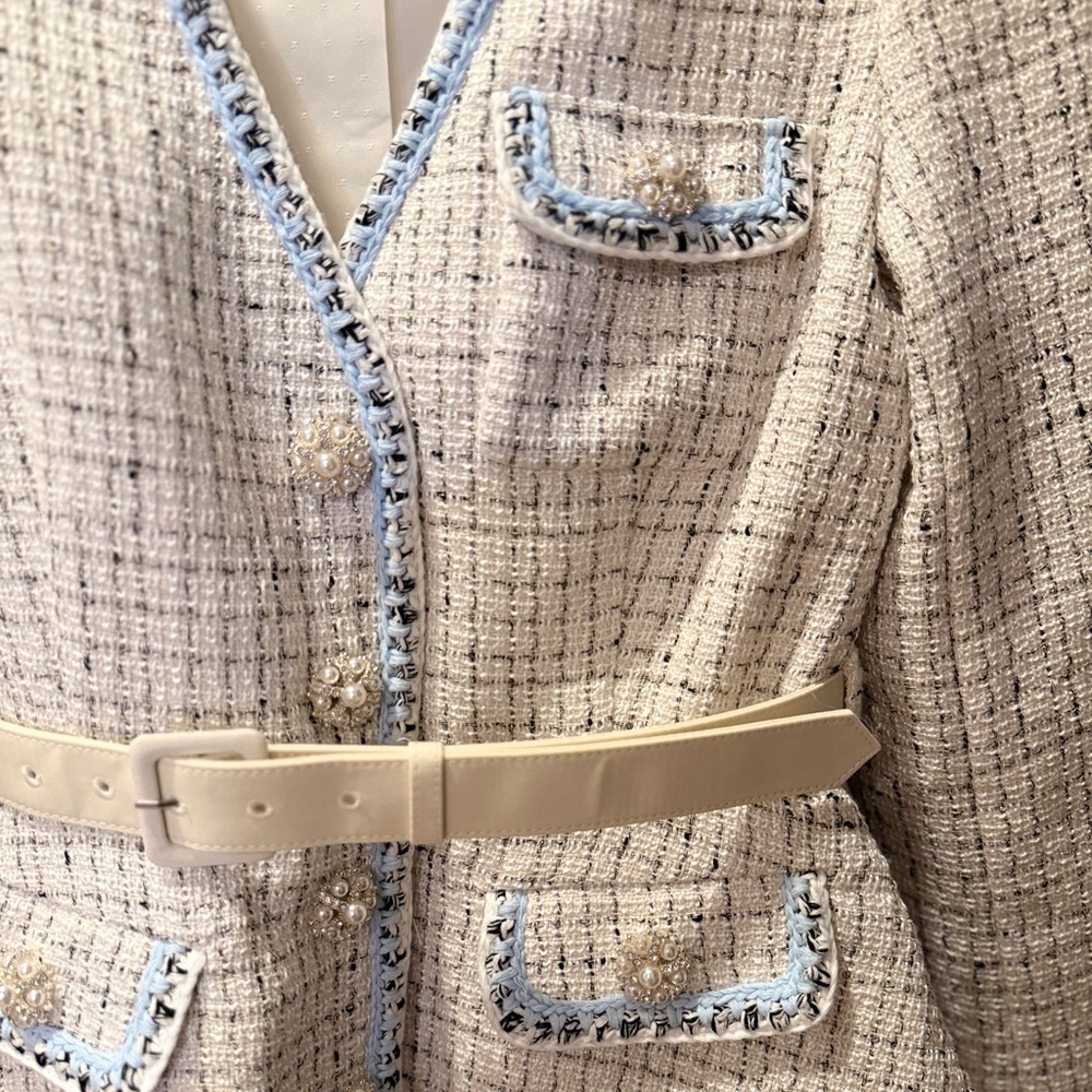 Self portrait blue and white boucle tweed midi dress size 4
